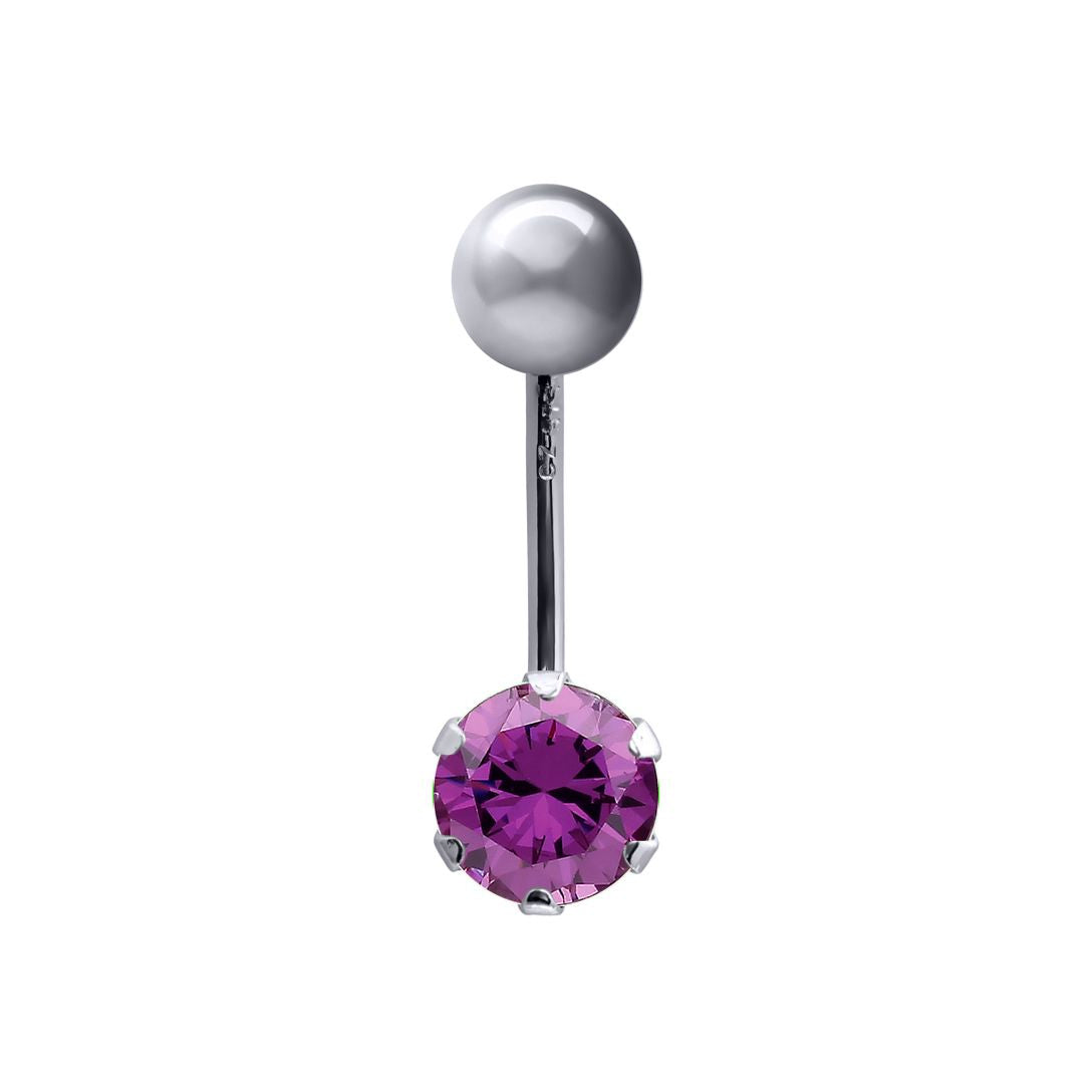 9ct White Gold  6mm CZ Solitaire Banana Belly Bar 10mm Purple - JBJ101
