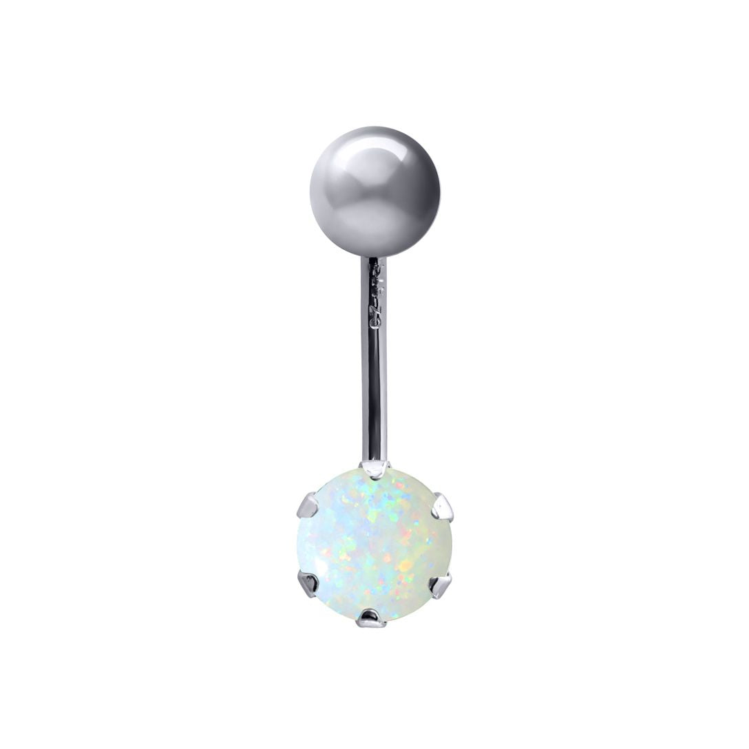 9ct White Gold  6mm CZ Solitaire Belly Bar 10mm White Iridescent - JBJ101