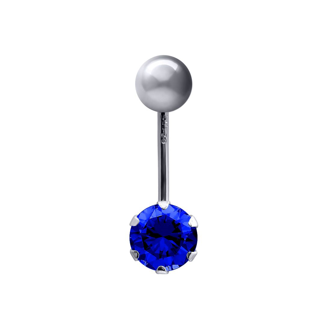 9ct White Gold  6mm CZ Solitaire Banana Belly Bar 10mm Blue - JBJ101