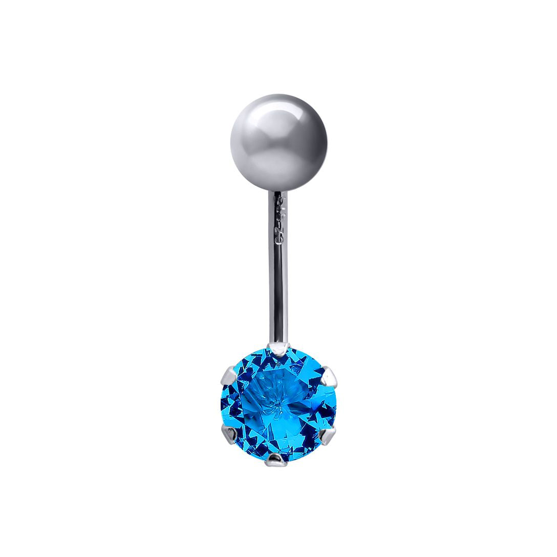 9ct White Gold  6mm CZ Solitaire Banana Belly Bar Piercing 10mm Swiss Blue - JBJ101