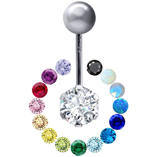 9ct White Gold 6mm CZ Solitaire Banana Belly Bar Piercing 10mm - JBJ101
