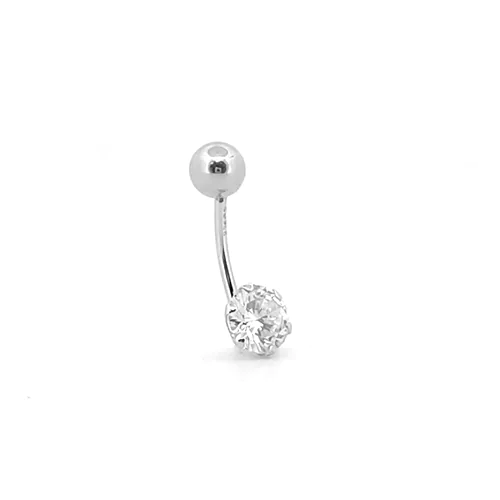 9ct White Gold  CZ Solitaire Claw Set Banana Belly Bar, 10mm - JBJ101
