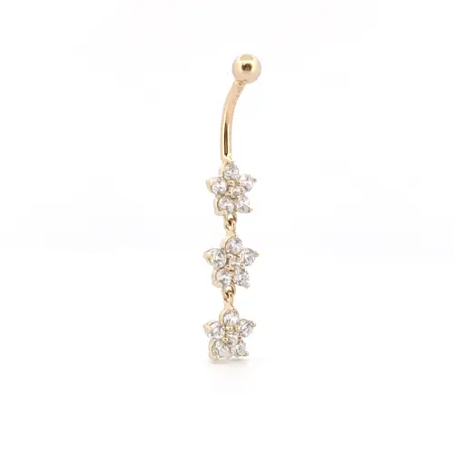 9ct Gold  CZ Flower Trilogy Dropper Banana Belly Bar, 10mm - JBJ104