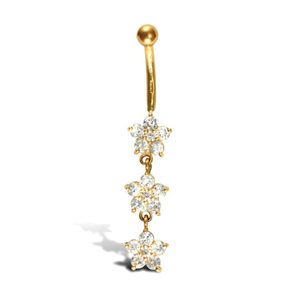 9ct Gold  CZ Flower Trilogy Dropper Banana Belly Bar, 10mm - JBJ104