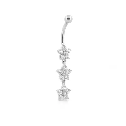 9ct White Gold  CZ Flower Trilogy Dropper Banana Belly Bar, 10mm - JBJ105