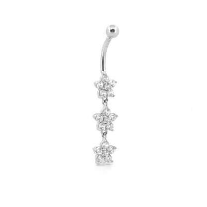 9ct White Gold  CZ Flower Trilogy Dropper Banana Belly Bar, 10mm - JBJ105