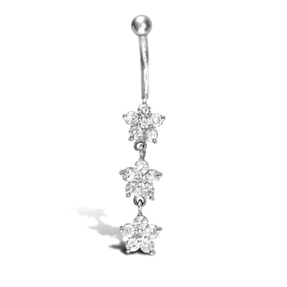 9ct White Gold  CZ Flower Trilogy Dropper Banana Belly Bar, 10mm - JBJ105