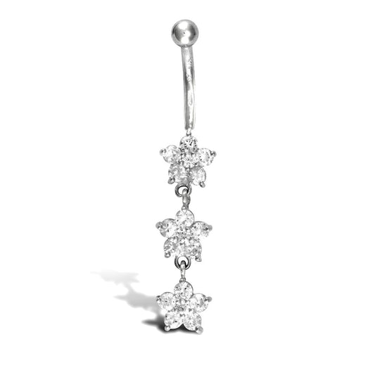 9ct White Gold  CZ Flower Trilogy Dropper Banana Belly Bar, 10mm - JBJ105