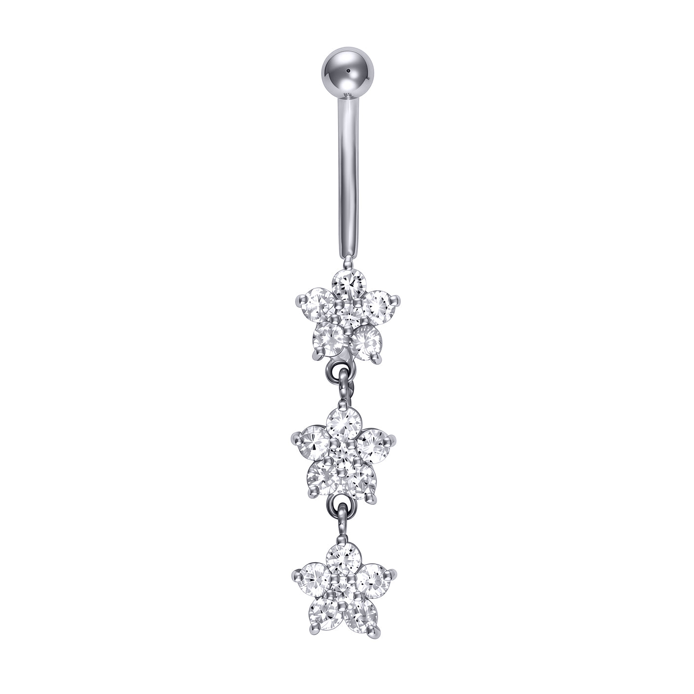 9ct White Gold  CZ Flower Trilogy Dropper Banana Belly Bar, 10mm - JBJ105