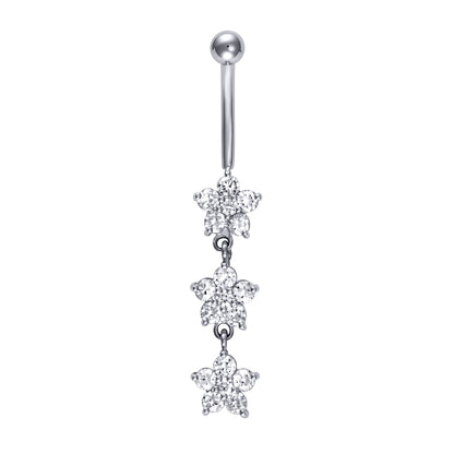 9ct White Gold  CZ Flower Trilogy Dropper Banana Belly Bar, 10mm - JBJ105