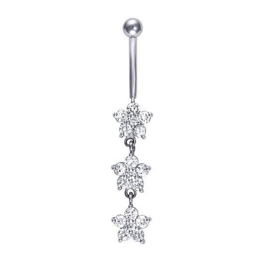 9ct White Gold  CZ Flower Trilogy Dropper Banana Belly Bar, 10mm - JBJ105