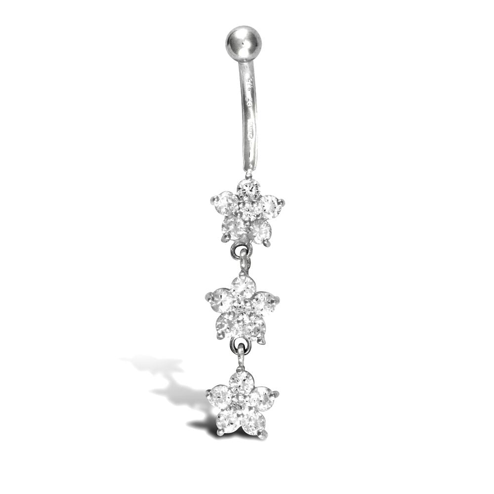 9ct White Gold  CZ Flower Trilogy Dropper Banana Belly Bar, 10mm - JBJ105