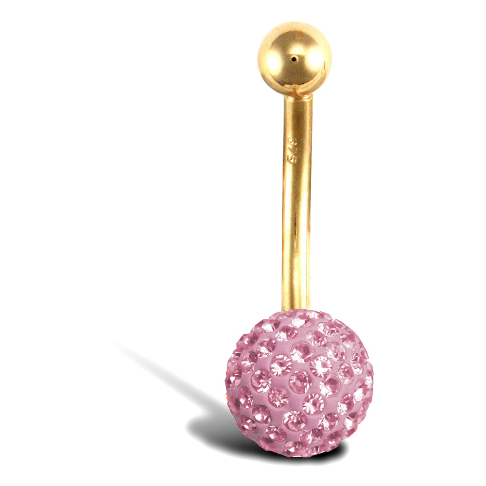 9ct Gold  Pink Crystal 8mm Disco Ball Banana Belly Bar, 12mm - JBJ106-117