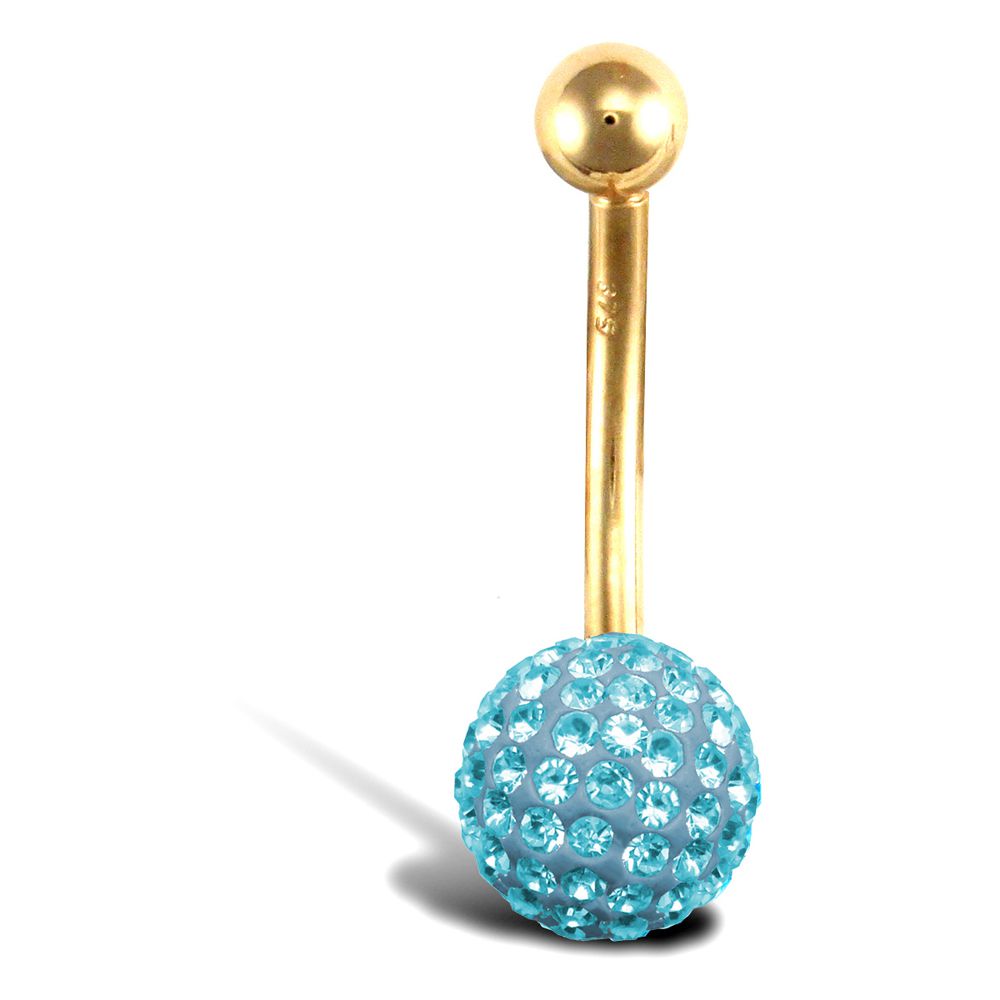 9ct Gold  Aqua Blue Crystal 8mm Disco Ball Banana Belly Bar, 12mm - JBJ106-117