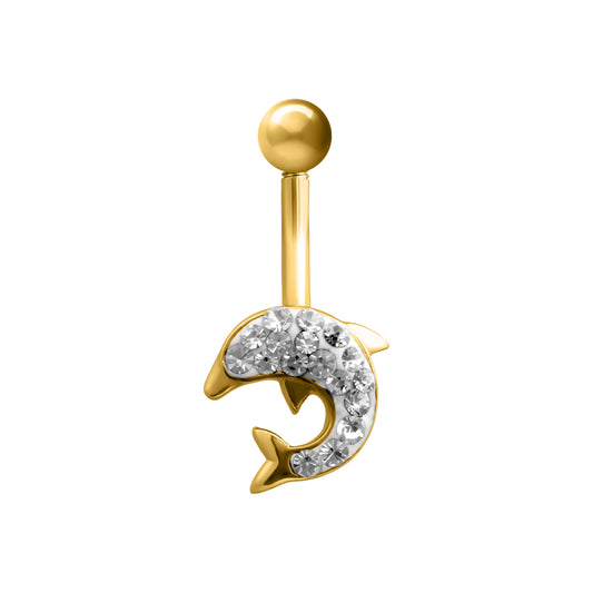 9ct Gold  Crystal Dolphin Banana Belly Bar, 10mm - JBJ120