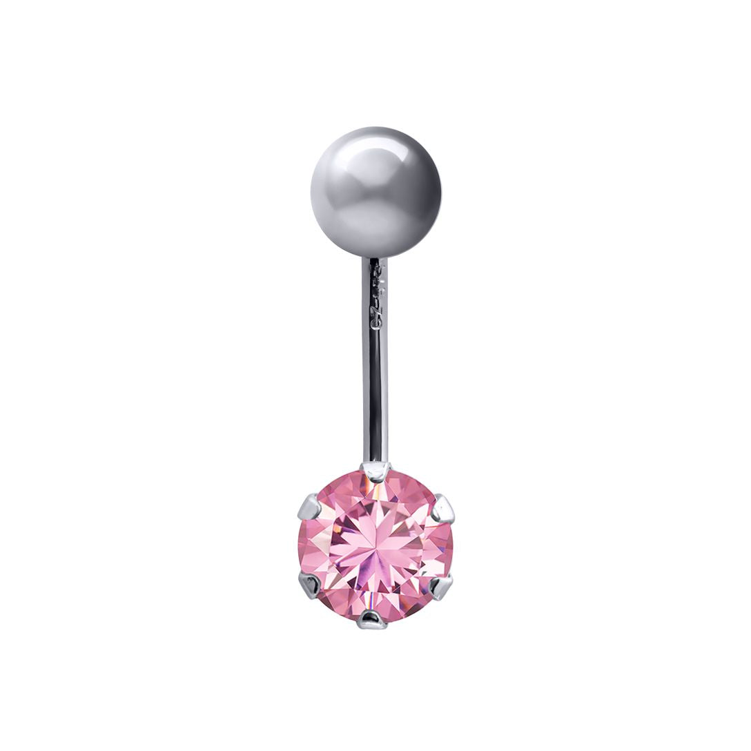 9ct White Gold  6mm CZ Solitaire Banana Belly Bar 10mm Pink - JBJ101