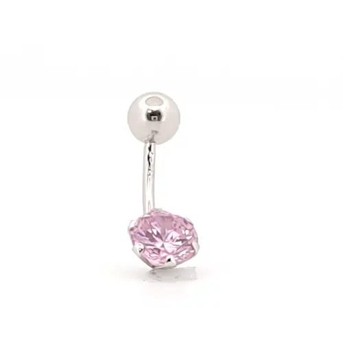 9ct White Gold  6mm CZ Solitaire Banana Belly Bar 10mm Pink - JBJ101