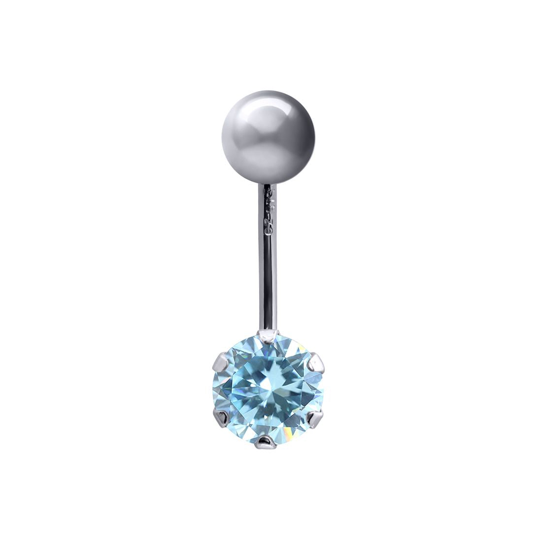 9ct White Gold  6mm CZ Solitaire Banana Belly Bar Piercing 10mm Light Blue - JBJ101