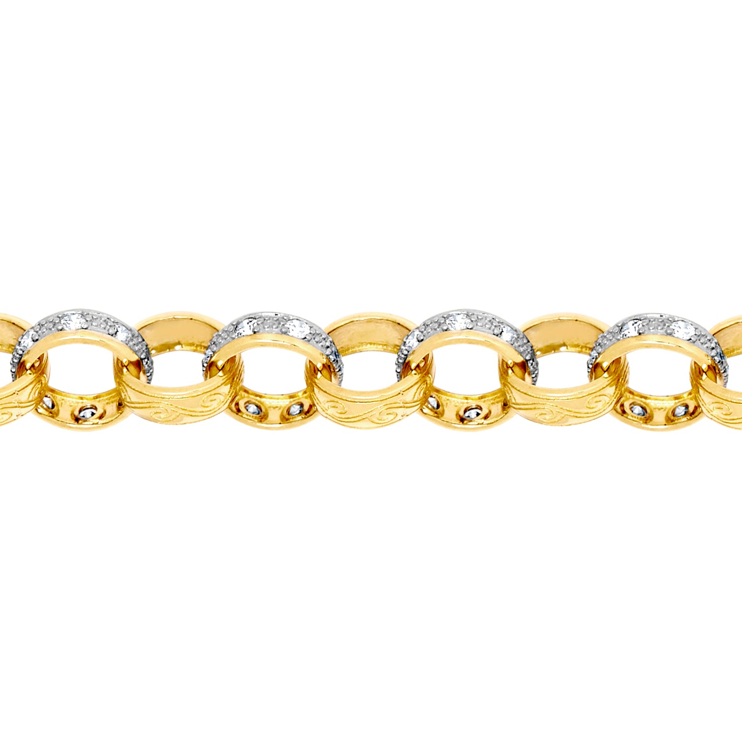 9ct 2-Colour Gold  CZ Engraved Belcher 11mm Chain Bracelet 8.5inch - JCN079B