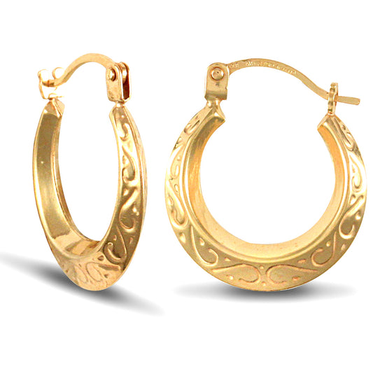 Ladies 9ct Gold  Floral Engraved Creole Earrings 15mm - JER027