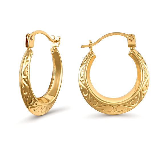 Ladies 9ct Gold  Floral Engraved Creole Earrings 15mm - JER027