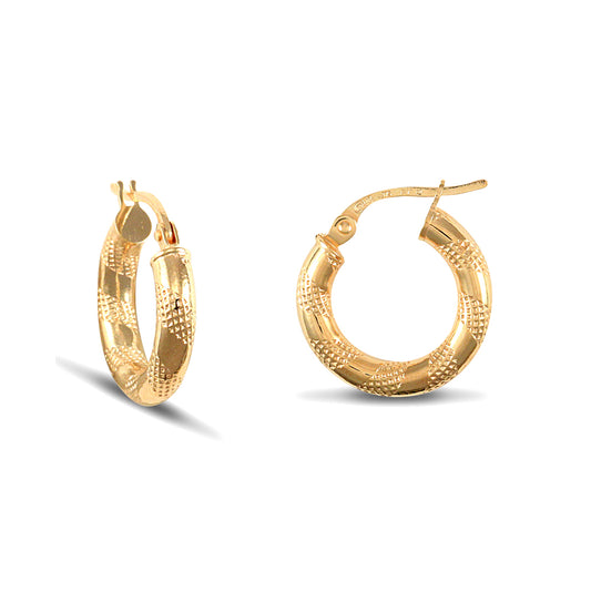 Ladies 9ct Gold  Textured Striped 3mm Hoop Earrings 16mm - JER041