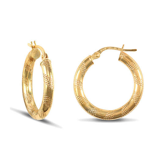 Ladies 9ct Gold  Textured Striped 3mm Hoop Earrings 20mm - JER042