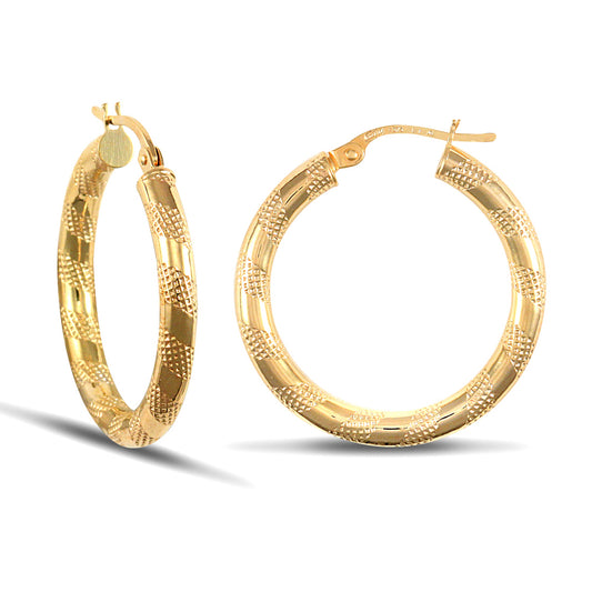 Ladies 9ct Gold  Textured Striped 3mm Hoop Earrings 25mm - JER042A