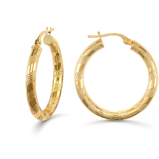 Ladies 9ct Gold  Textured Striped 3mm Hoop Earrings 25mm - JER042A