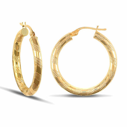 Ladies 9ct Gold  Textured Striped 3mm Hoop Earrings 25mm - JER042A