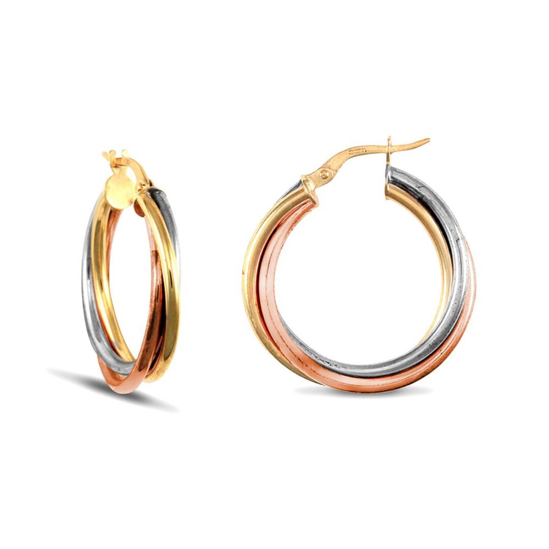 9ct 3-Colour Gold  Russian Wedding Bond Twisted Hoop Earrings 25mm - JER091