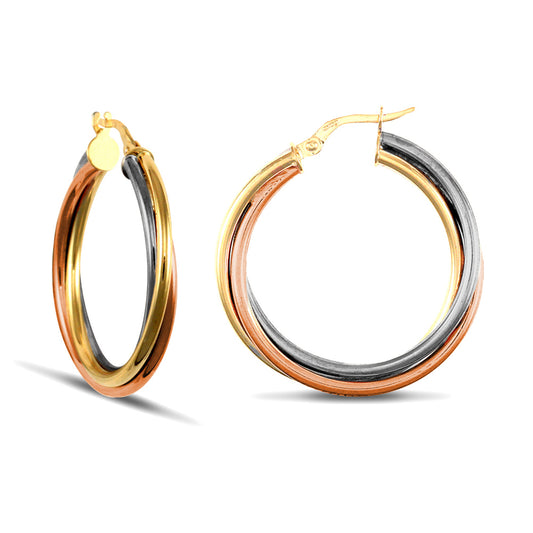 9ct 3-Colour Gold  Russian Wedding Ring 3mm Hoop Earrings 29mm - JER092