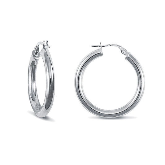 Ladies 9ct White Gold  Polished 3mm Hoop Earrings 25mm - JER128