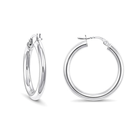 Ladies 9ct White Gold  Polished 3mm Hoop Earrings 25mm - JER128