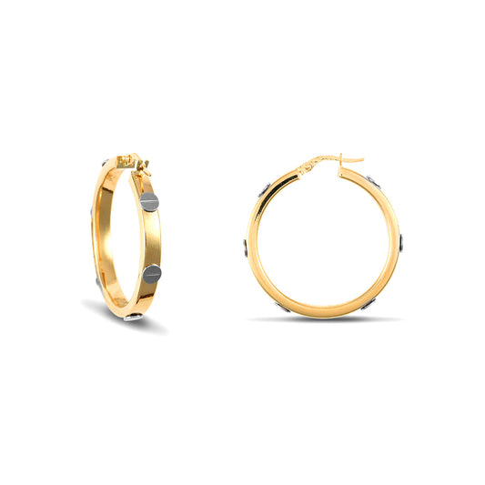 9ct 2-Colour Gold  Rectangular Tube Screw Hoop Earrings - 30mm - JER133