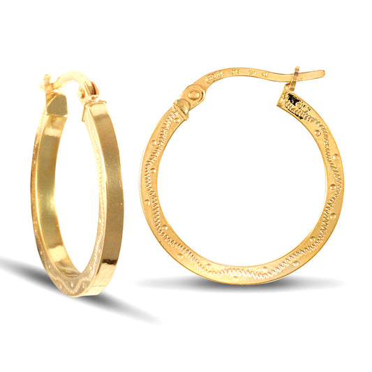 Ladies 9ct Gold  Floral Engraved 2mm Hoop Earrings 18mm - JER144