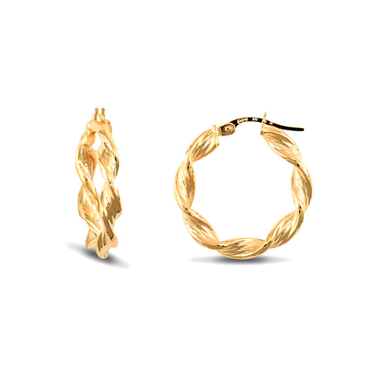9ct Gold  Barked Platted Twist 3.5mm Hoop Earrings 22mm - JER150