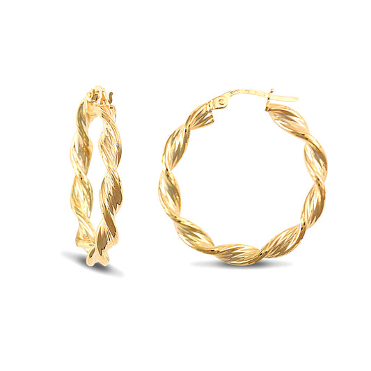 9ct Gold  Barked Platted Twist 3.5mm Hoop Earrings 27mm - JER151