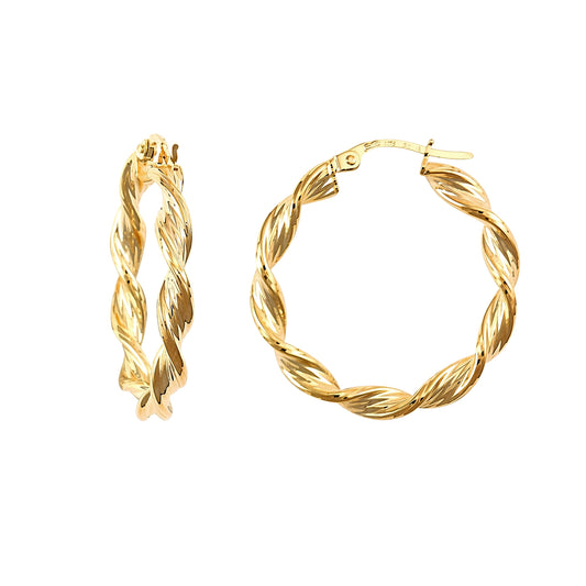 9ct Gold  Barked Platted Twist 3.5mm Hoop Earrings 27mm - JER151
