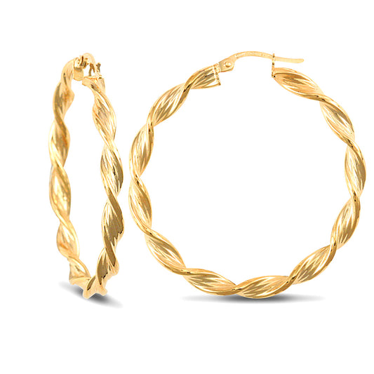 9ct Gold  Barked Platted Twist 3.5mm Hoop Earrings 37mm - JER152