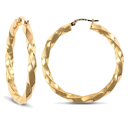 Ladies 9ct Gold  Twisted 4mm Hoop Earrings 36mm - JER171
