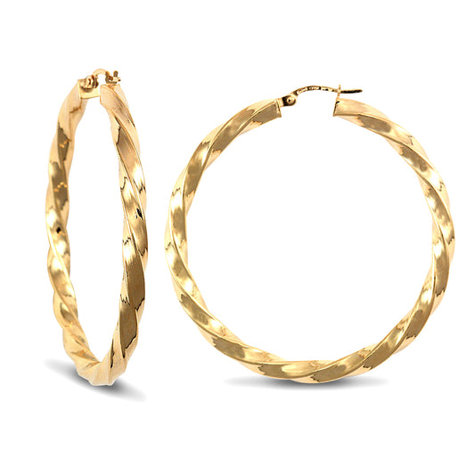 Ladies 9ct Gold  Twisted 4mm Hoop Earrings 47mm - JER172
