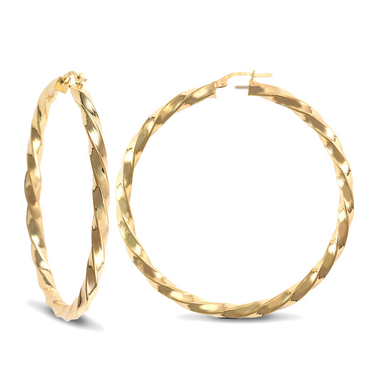 Ladies 9ct Gold  Twisted 4mm Hoop Earrings 55mm - JER173