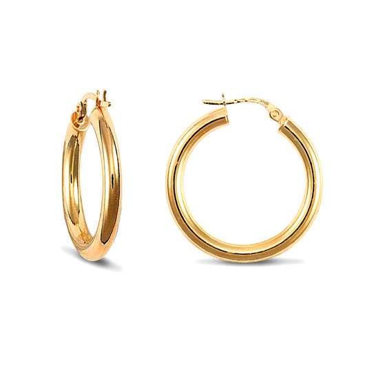 Ladies 9ct Gold  Polished 3mm Hoop Earrings 25mm - JER179