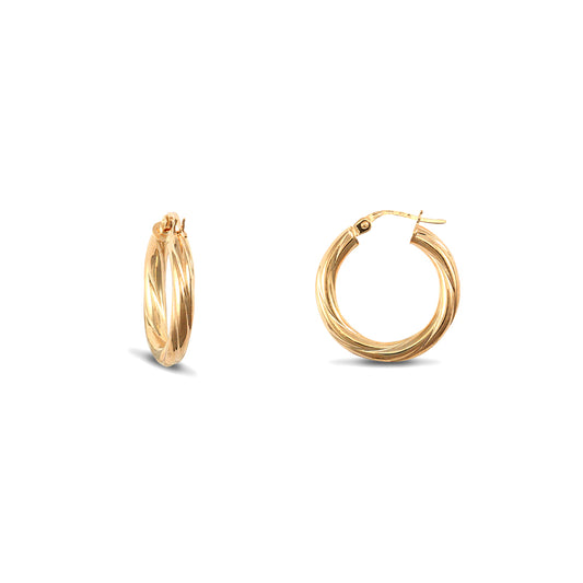 Ladies 9ct Gold  Twisted 3mm Hoop Earrings 21mm - JER195