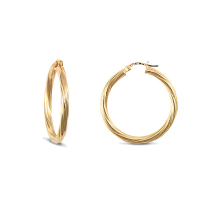 Ladies 9ct Gold  Twisted 3mm Hoop Earrings 30mm - JER197