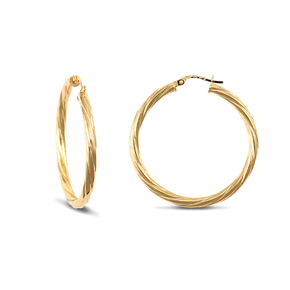 Ladies 9ct Gold  Twisted 3mm Hoop Earrings 35mm - JER198