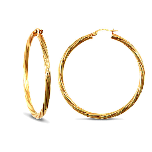 Ladies 9ct Gold  Twisted 3mm Hoop Earrings 45mm - JER199