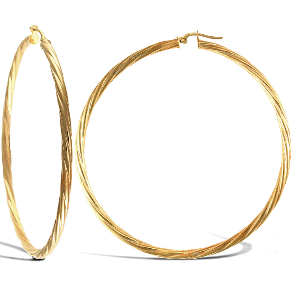 Ladies 9ct Gold  Twisted 3mm Hoop Earrings 55mm - JER200