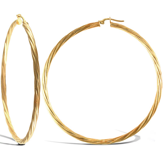 Ladies 9ct Gold  Twisted 3mm Hoop Earrings 65mm - JER200A